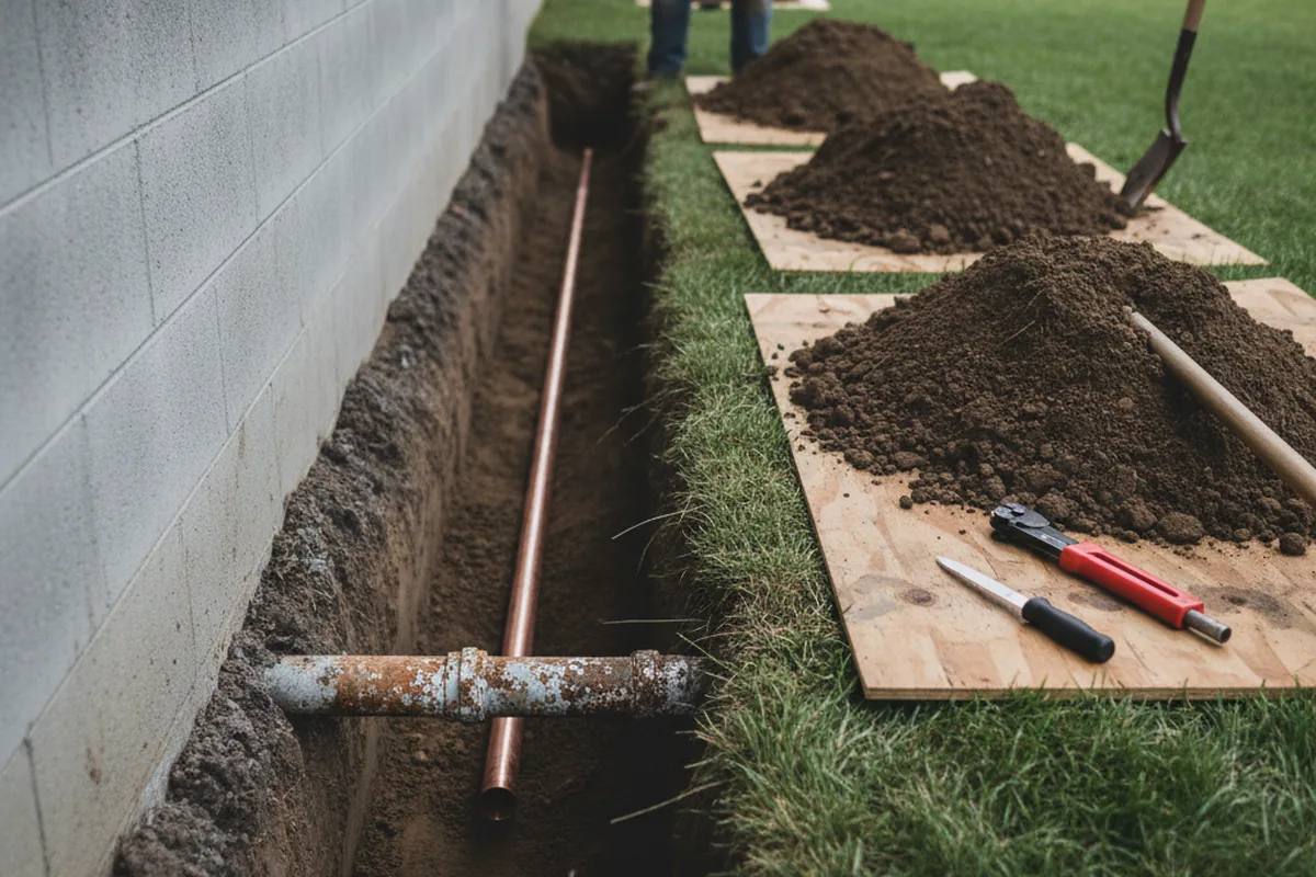 Excavated water line trench during Sewer Line Repair in Sandy Lake